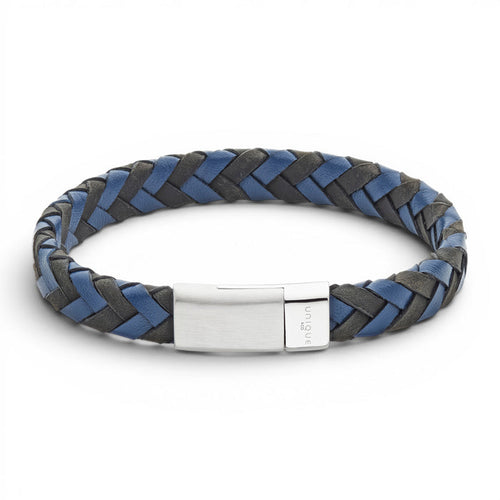 Black and navy 10mm braided leather bracelet with stainless steel magnetic clasp on a white background