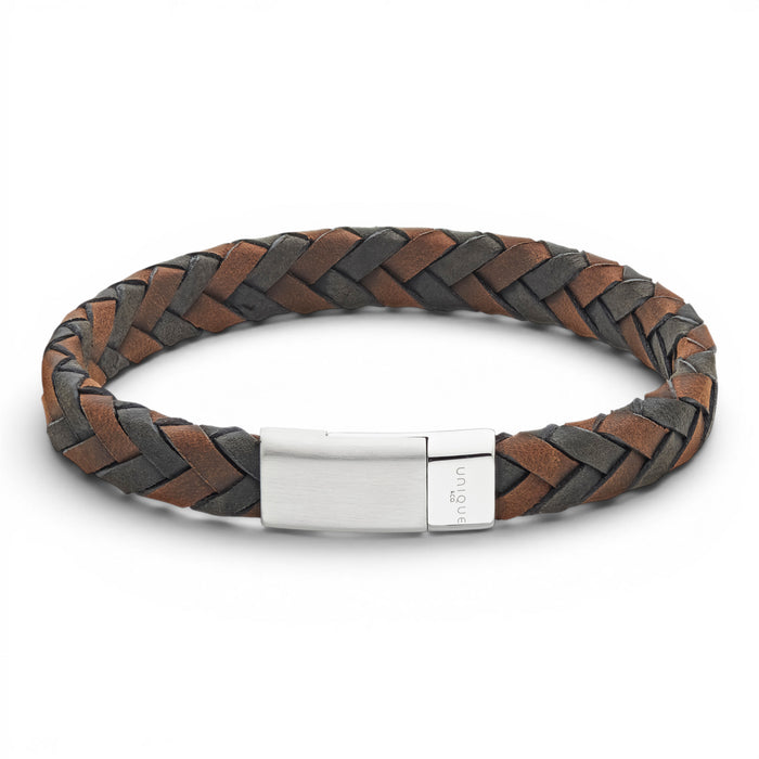 Brown and black 10mm braided leather bracelet with stainless steel magnetic clasp on a white background