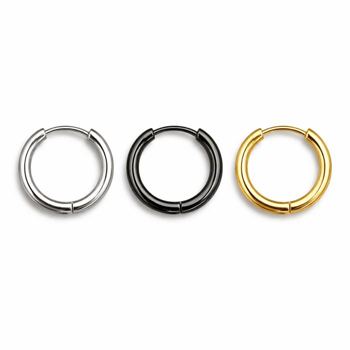 12mm hinged hoop earrings in stainless steel silver black and gold finishes