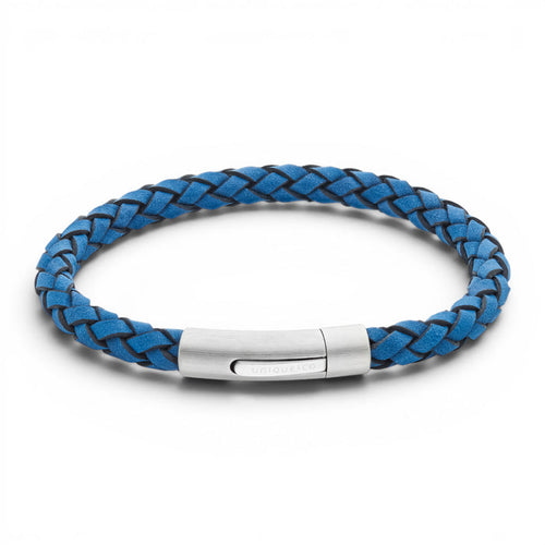 Blue 6mm suede leather bracelet with stainless steel rocker clasp on a white background