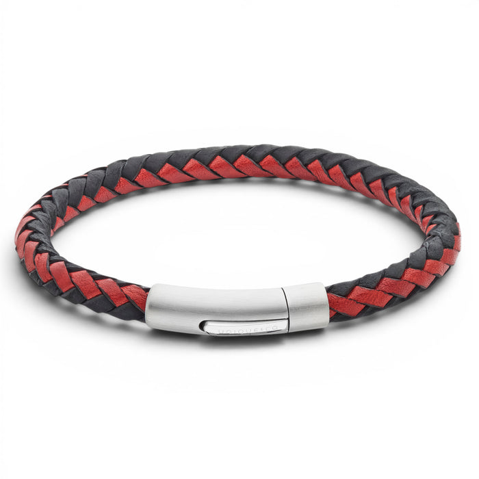 Black and red braided leather bracelet with stainless steel clasp on a white background