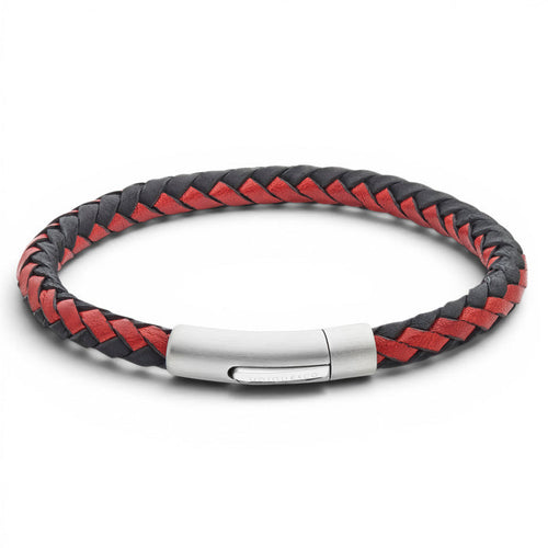 Black and red braided leather bracelet with stainless steel clasp on a white background