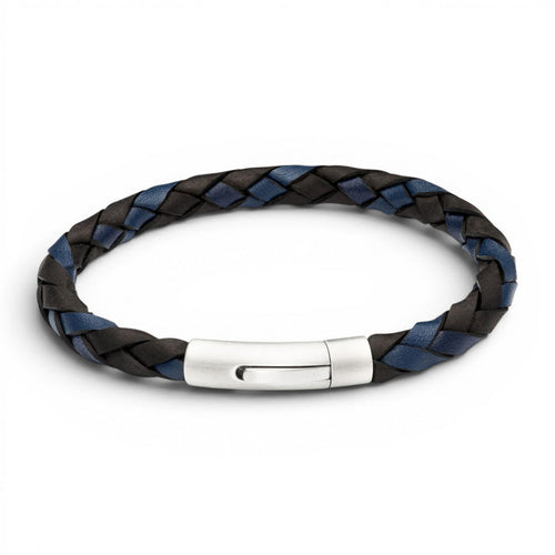 Black and navy 6mm braided leather bracelet with stainless steel magnetic clasp on a white background