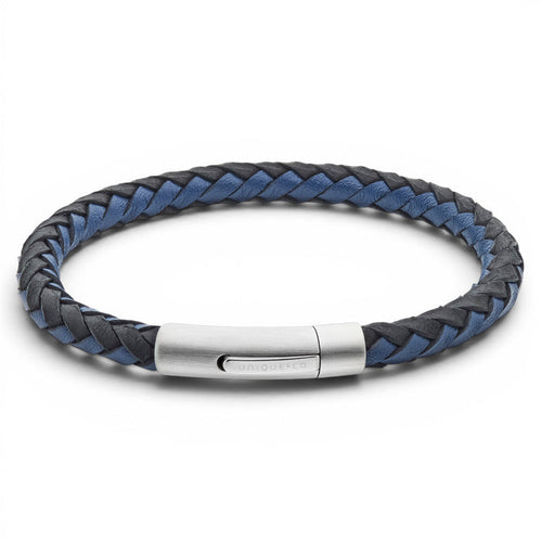 Black and navy braided leather bracelet with stainless steel clasp on a white background