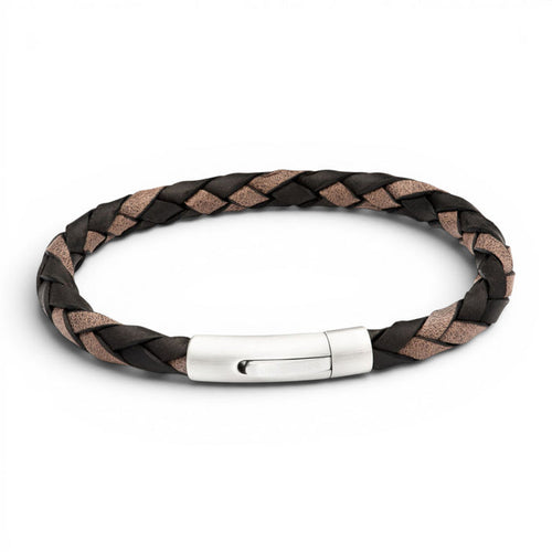 Black and moro brown 6mm braided leather bracelet with stainless steel magnetic clasp on a white background