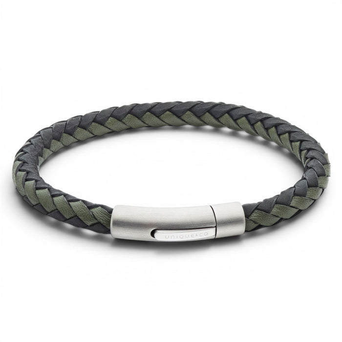 Black and dark green braided leather bracelet with stainless steel clasp on a white background