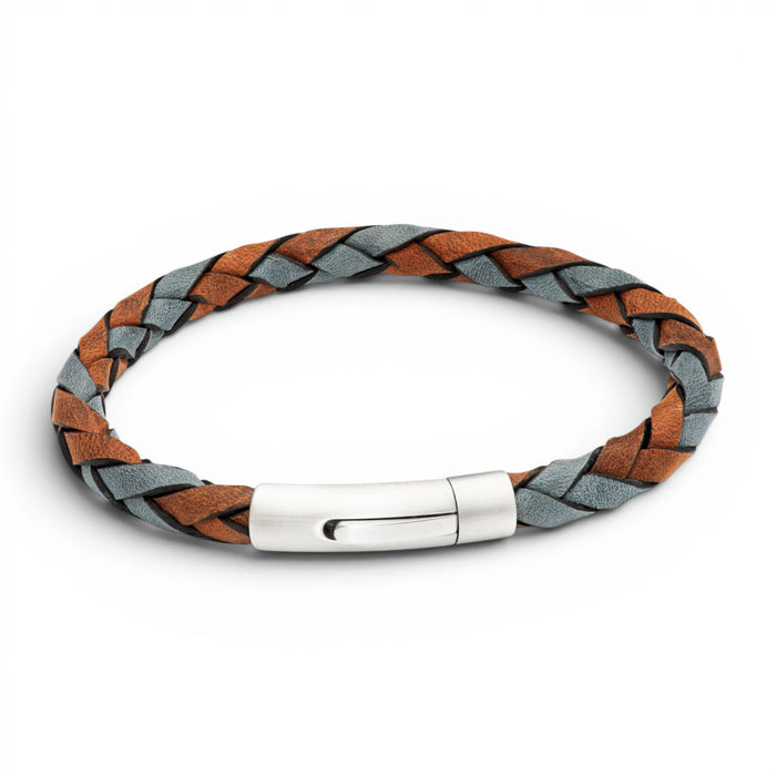 Brown and antique blue 6mm braided leather bracelet with stainless steel magnetic clasp on a white background
