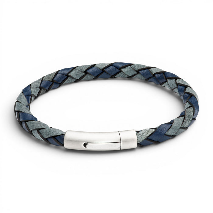 Navy and antique blue 6mm braided leather bracelet with stainless steel magnetic clasp on a white background