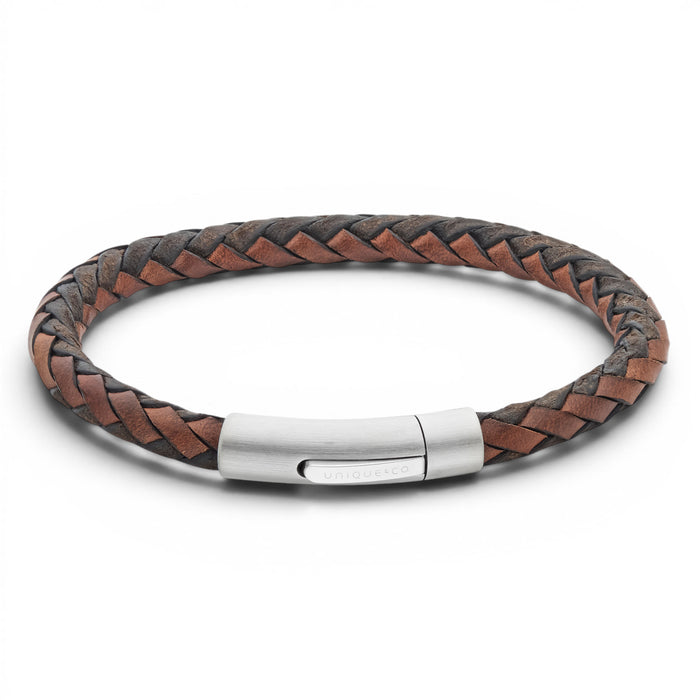 Lido and coconut braided leather bracelet with stainless steel clasp on a white background