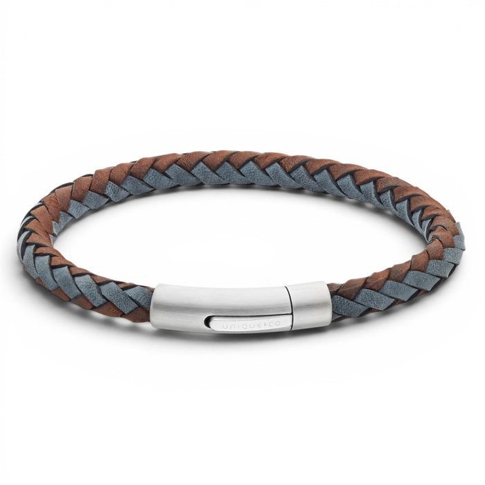 Dark brown and antique blue braided leather bracelet with stainless steel clasp on a white background
