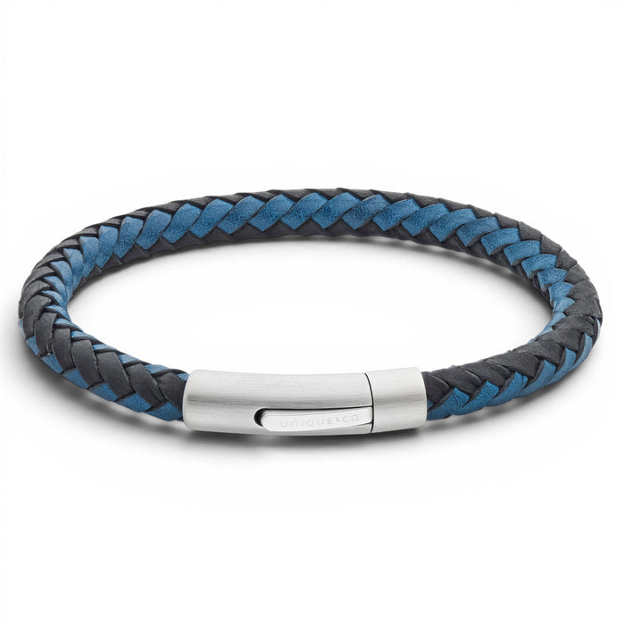 Black and waxy blue braided leather bracelet with stainless steel clasp on a white background