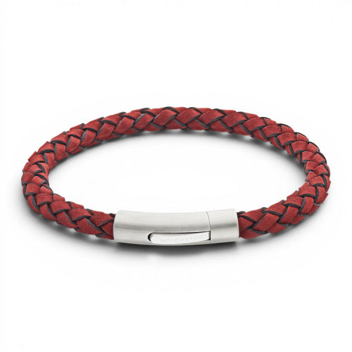 Burgundy 6mm suede leather bracelet with stainless steel rocker clasp on a white background