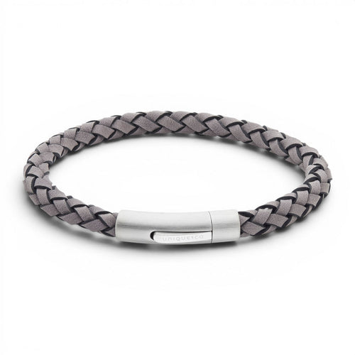Grey 6mm suede leather bracelet with stainless steel rocker clasp on a white background