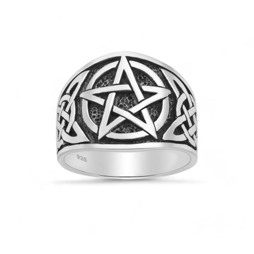 925 sterling silver oxidised Celtic star ring featuring an intricate Celtic knot and pentagram design on a white background.