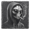 Laser engraved alien in hoodie slate coaster with detailed sci fi artwork