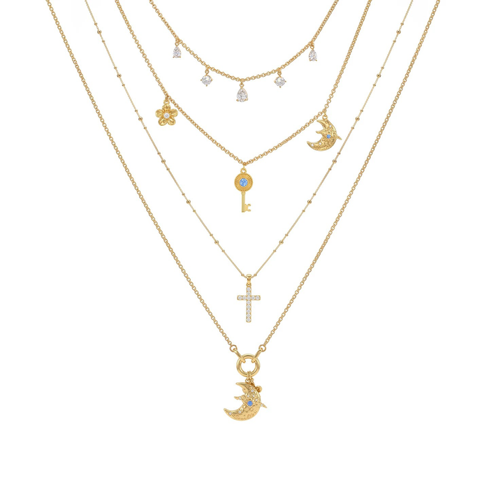 Baldlind 14K Gold Moon Key Cross Floral Layer Necklace