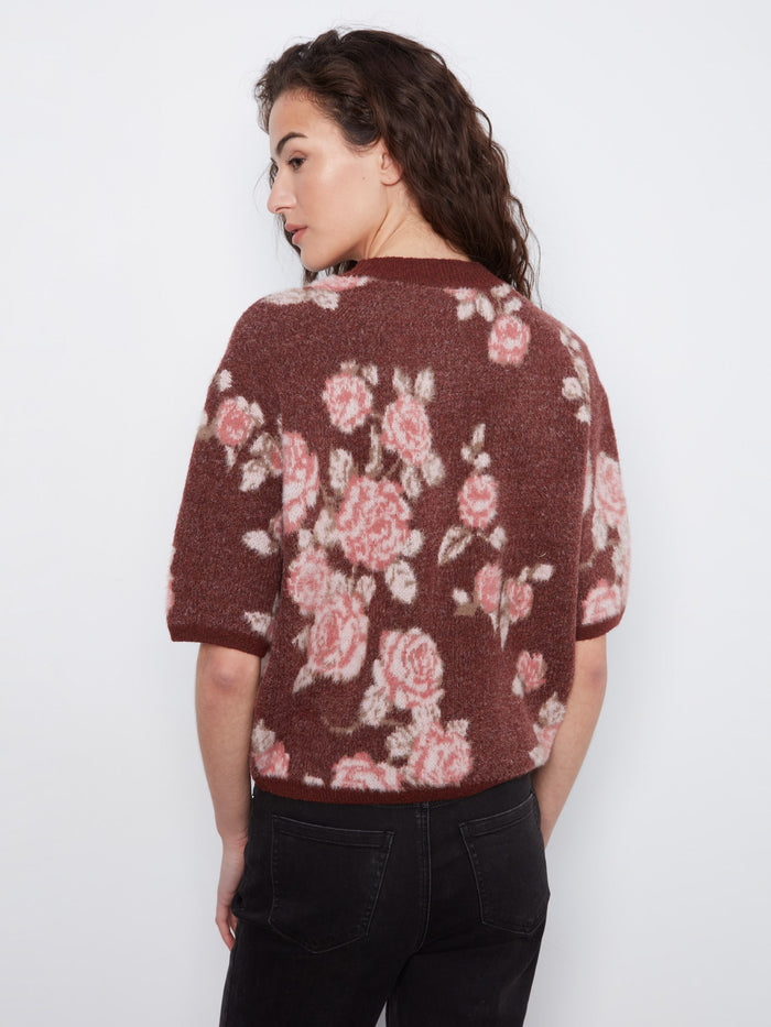 Relaxed fit sweater with intricate floral jacquard detailing and balloon elbow sleeves by Charlie B.