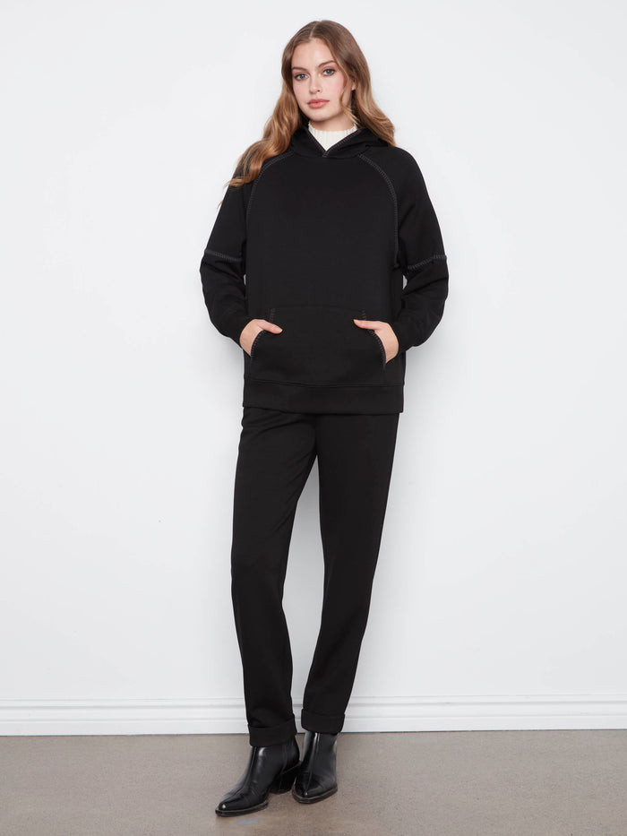 Blanket Stitch Soft Scuba Hoodie - Black