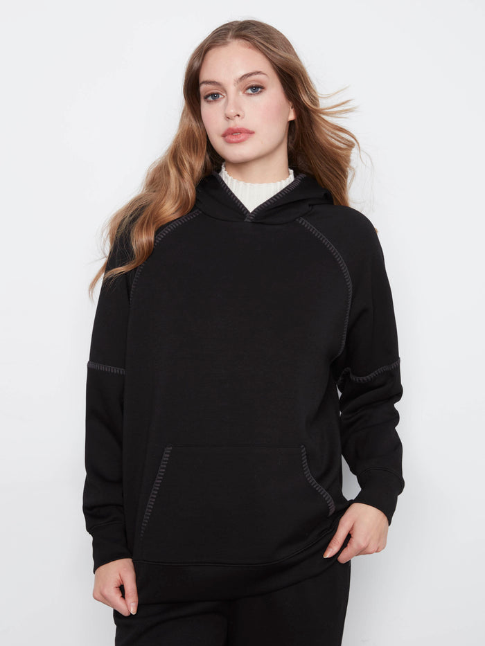 Blanket Stitch Soft Scuba Hoodie - Black