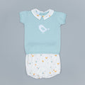 Baby outfit with light mint top and white diaper cover with birdies.