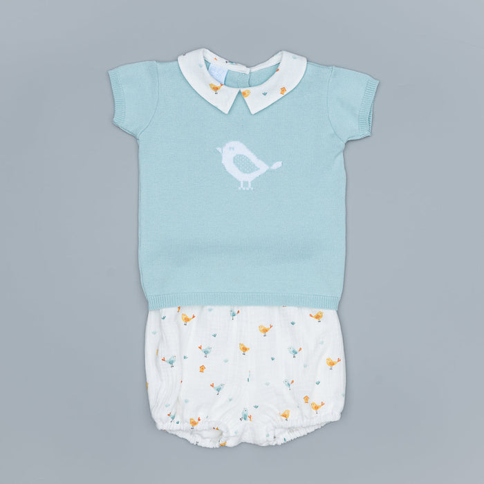 Baby outfit with light mint top and white diaper cover with birdies.