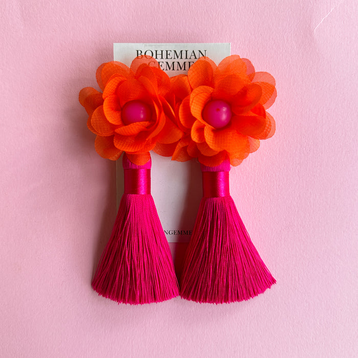 Bright Orange and Pink Floral Tassel Earrings