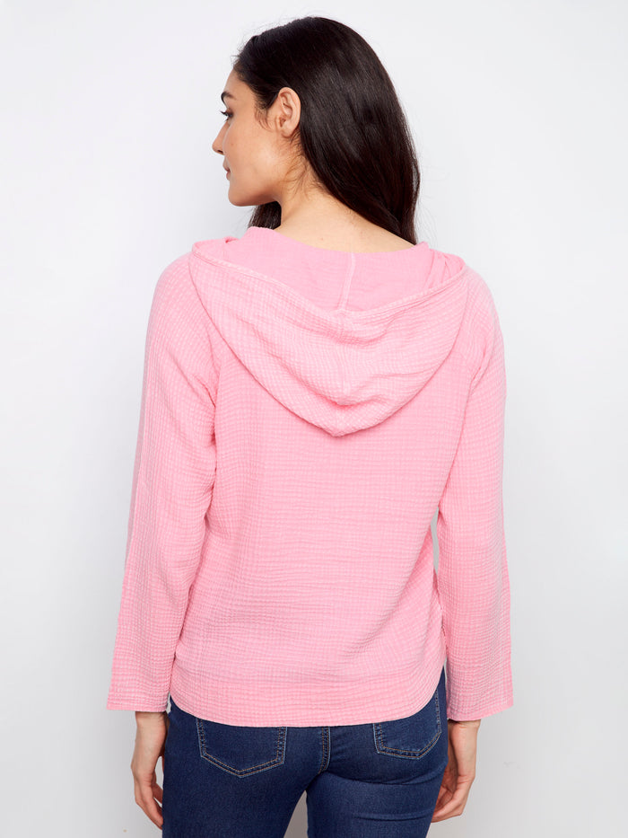 Fashionable pink hoodie with soft bubble texture, perfect for casual wear by Charlie B.