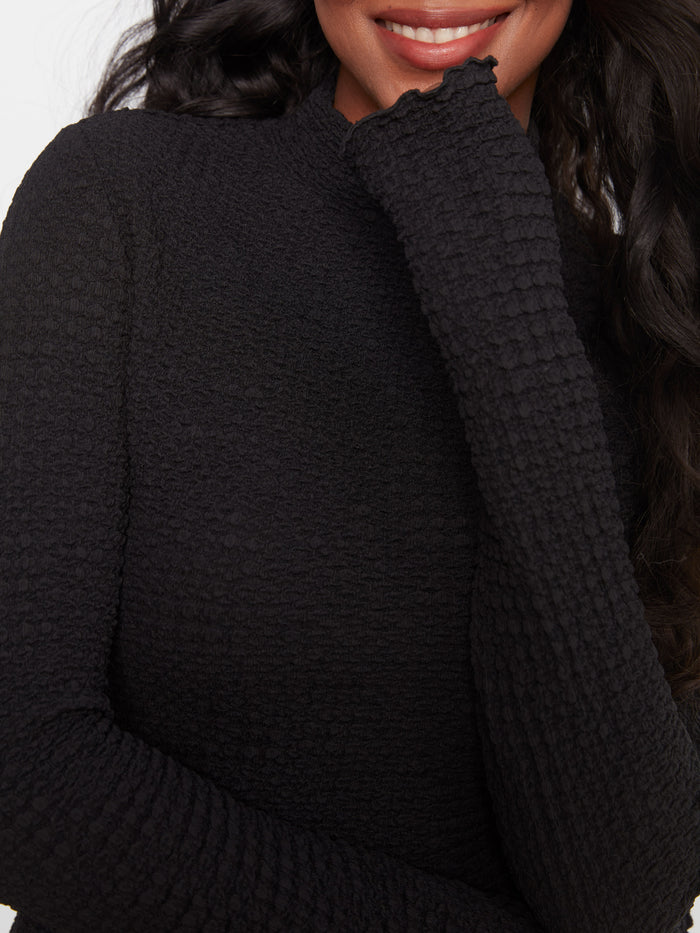 Bubble Knit Mock Neck Top - Black