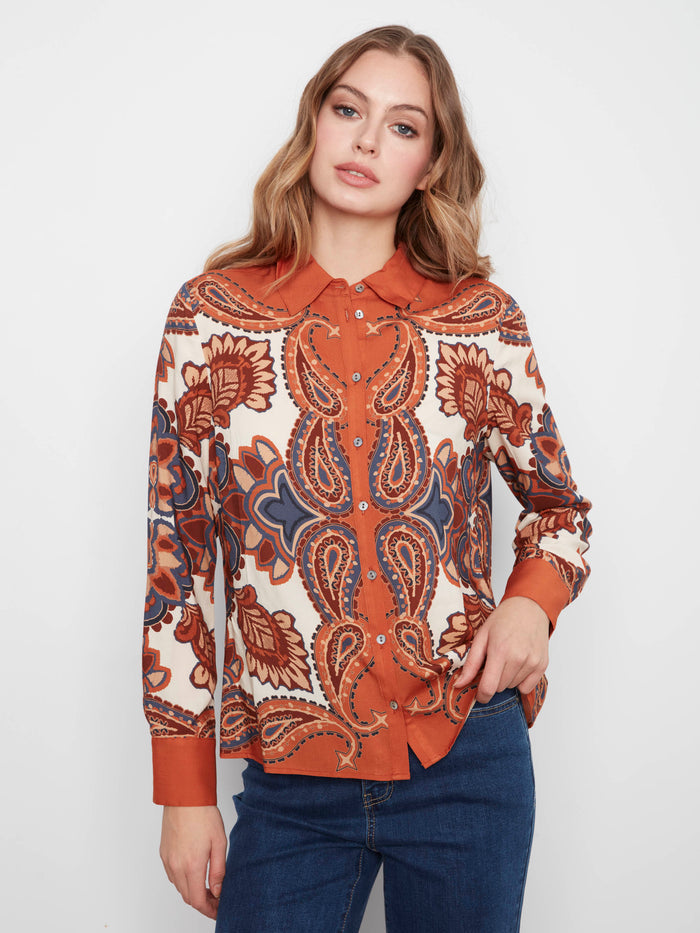 Charming paisley print shirt with long sleeves and a refined button front design, ideal for stylish outings by Charlie B.