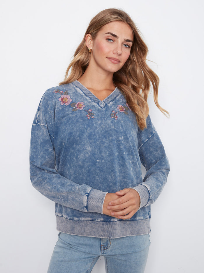 Cold Dye Terry V-Neck Top - Denim