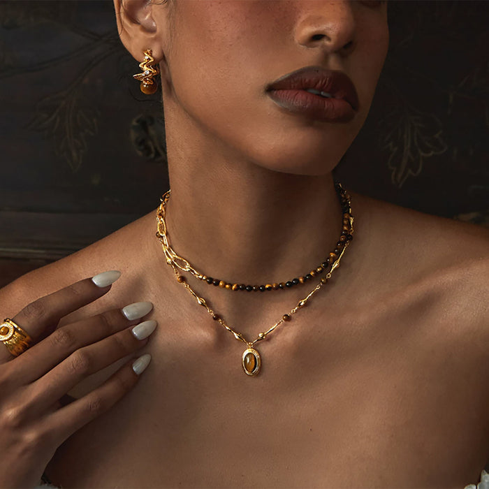 Corinna Brown Tiger Eye Bead Paperclip Link Choker Necklae