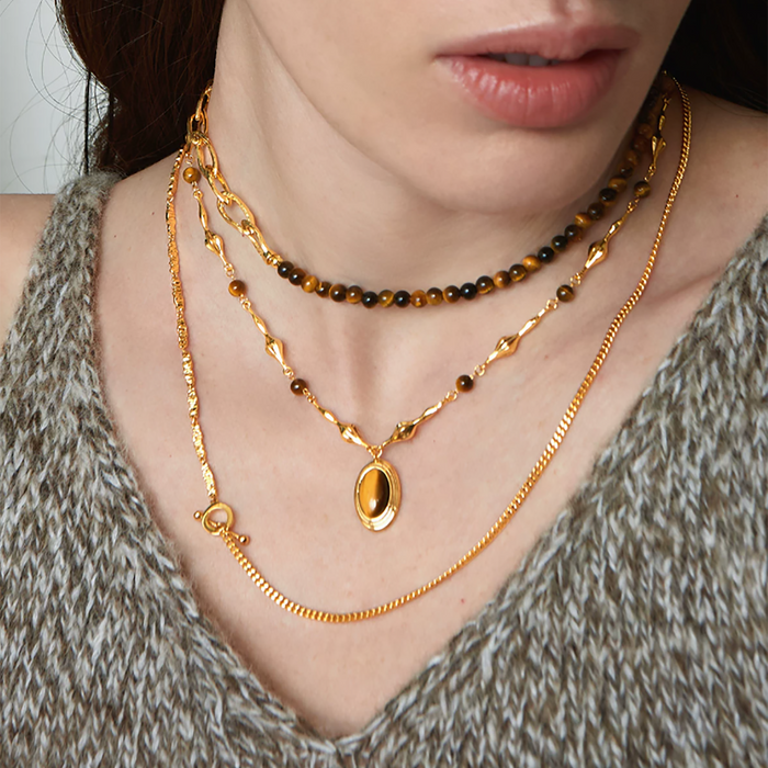 Corinna Brown Tiger Eye Bead Paperclip Link Choker Necklae