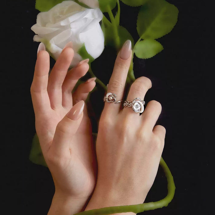 Cosima White Rose Mother-of-Pearl Floral Open Ring