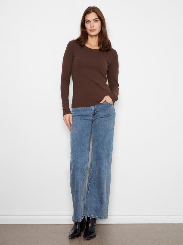 Cotton Blend Ribbed Long Sleeve Top - Coffee