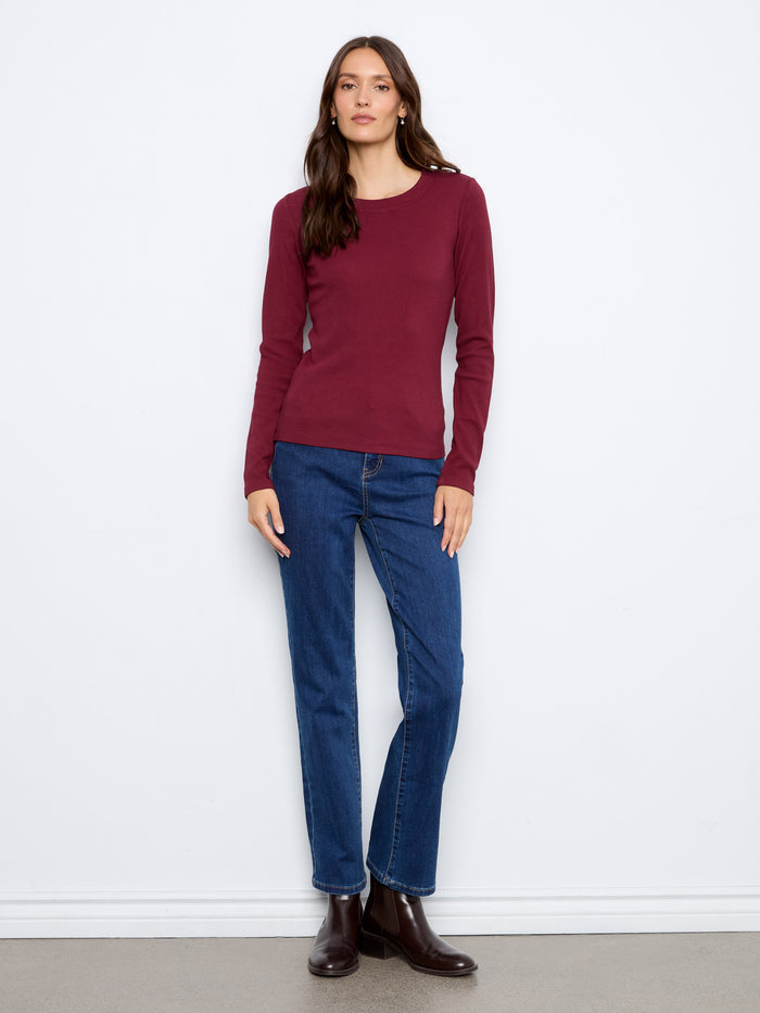Cotton Blend Ribbed Long Sleeve Top - Merlot