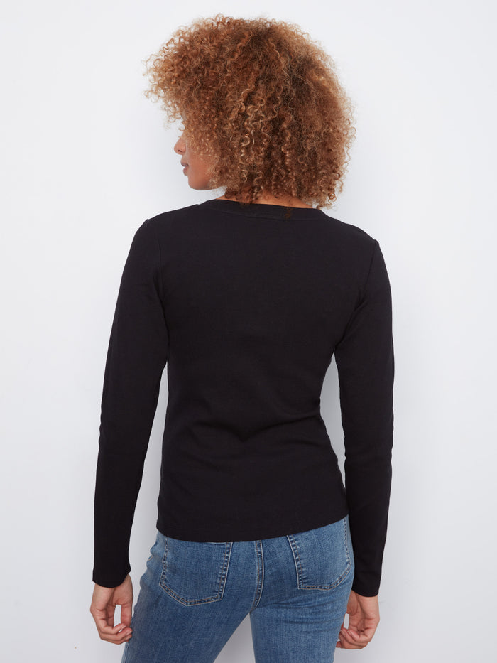 Classic black V-neck top with long sleeves and a modern slim fit design, ideal for layering, by Charlie B.