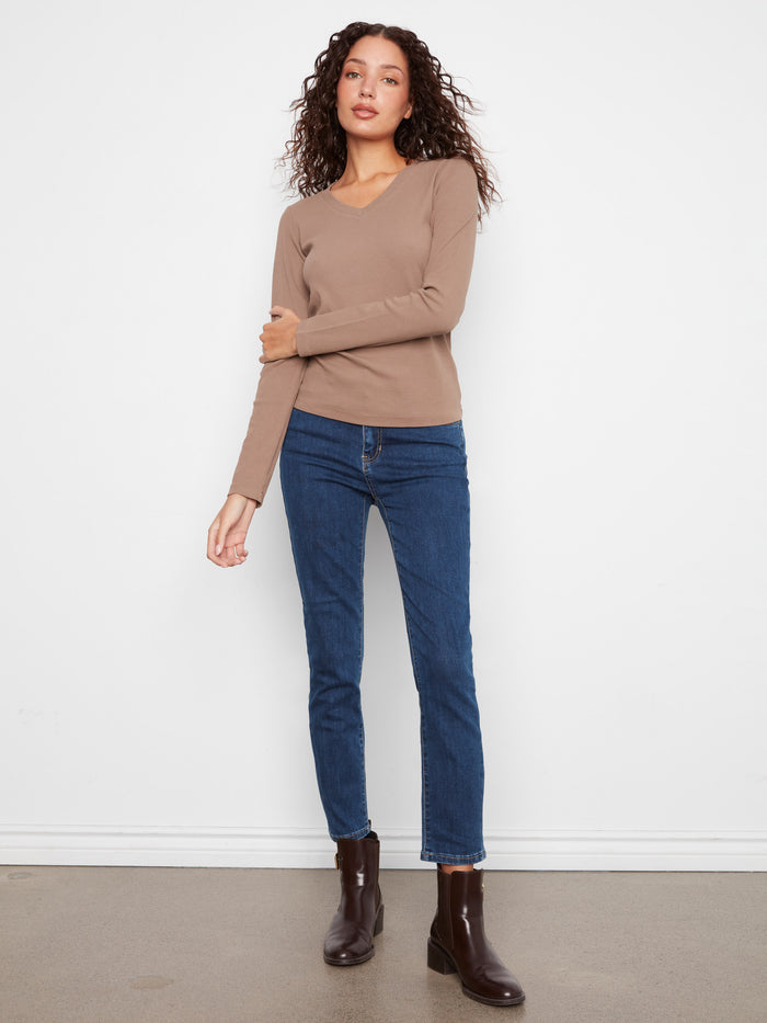 Cotton Blend Ribbed Long Sleeve V-Neck Top - Taupe