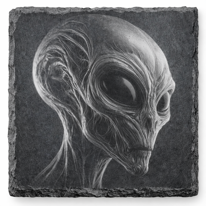 Laser engraved creepy alien slate coaster on natural slate