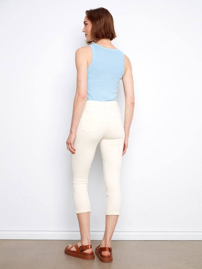 Comfortable cropped length pants made from stretch twill material, ensuring ease of movement throughout the day by Charlie B.