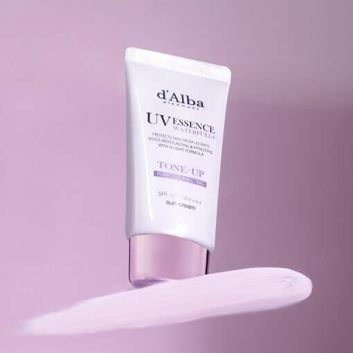 D'ALBA Vegan Waterfull Purple Tone-Up Suncream 50ml on a purple background