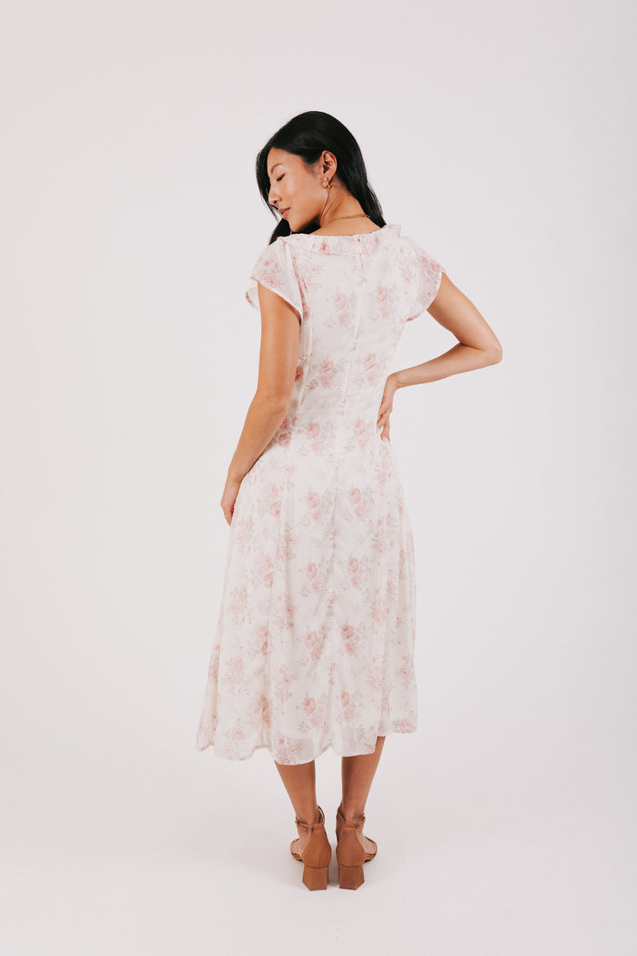 pink floral midi dress with ruffled neckline
