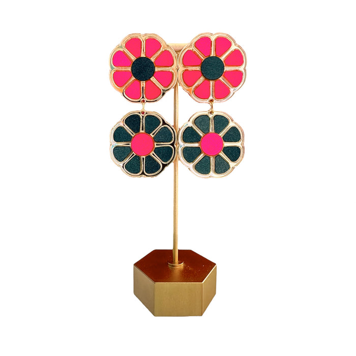 Double Fall Flower Earrings-Pink & Hunter Green