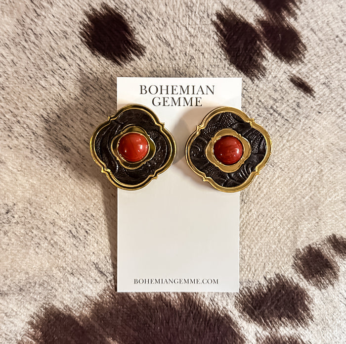 Edith Vintage Statement Stud Earrings-Red Jasper