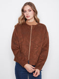 Brown faux suede bomber jacket with floral embroidery, featuring a short length and welt pockets by Charlie B.