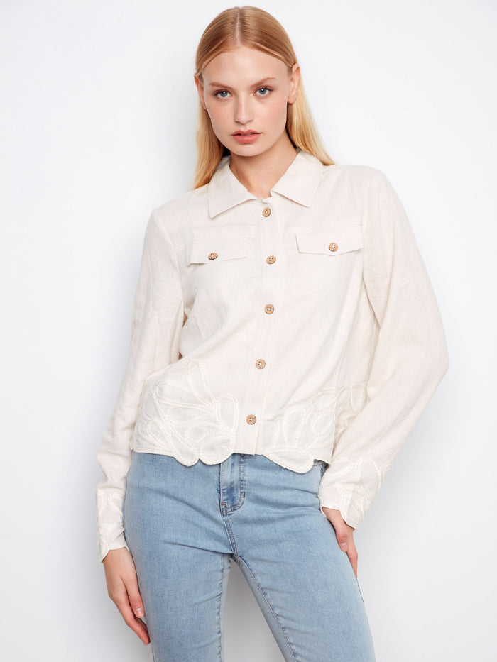 Faux flap pockets give this jacket a trendy look while maintaining practicality for everyday wear by Charlie B.