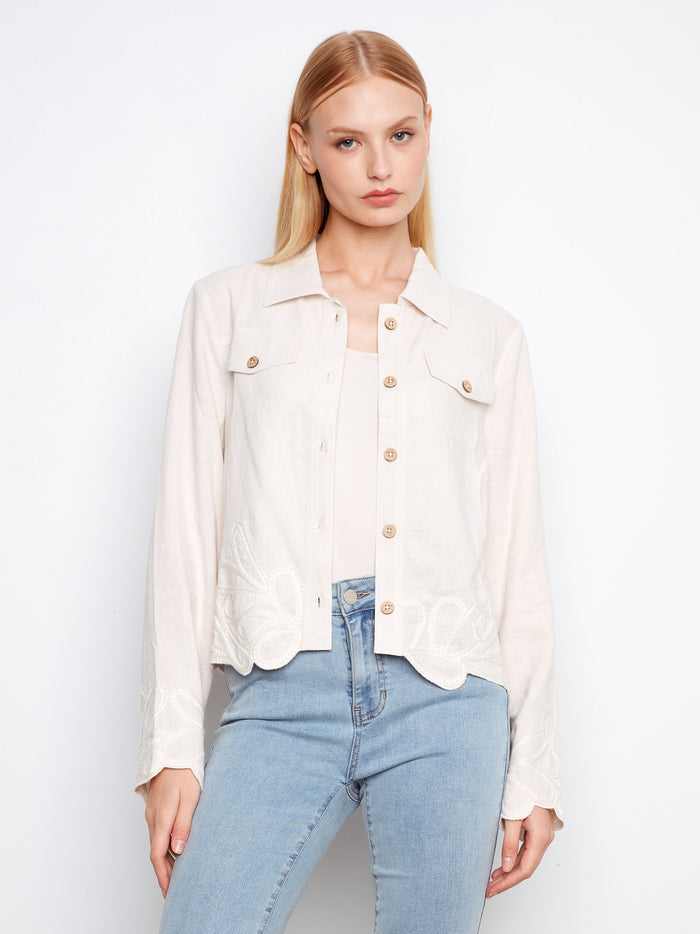 This jacket features a short length, perfect for a chic and modern look. The design is versatile and stylish by Charlie B.