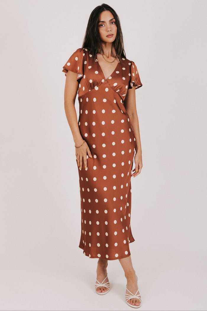 brown polka dot satin dress with flutter sleeves full