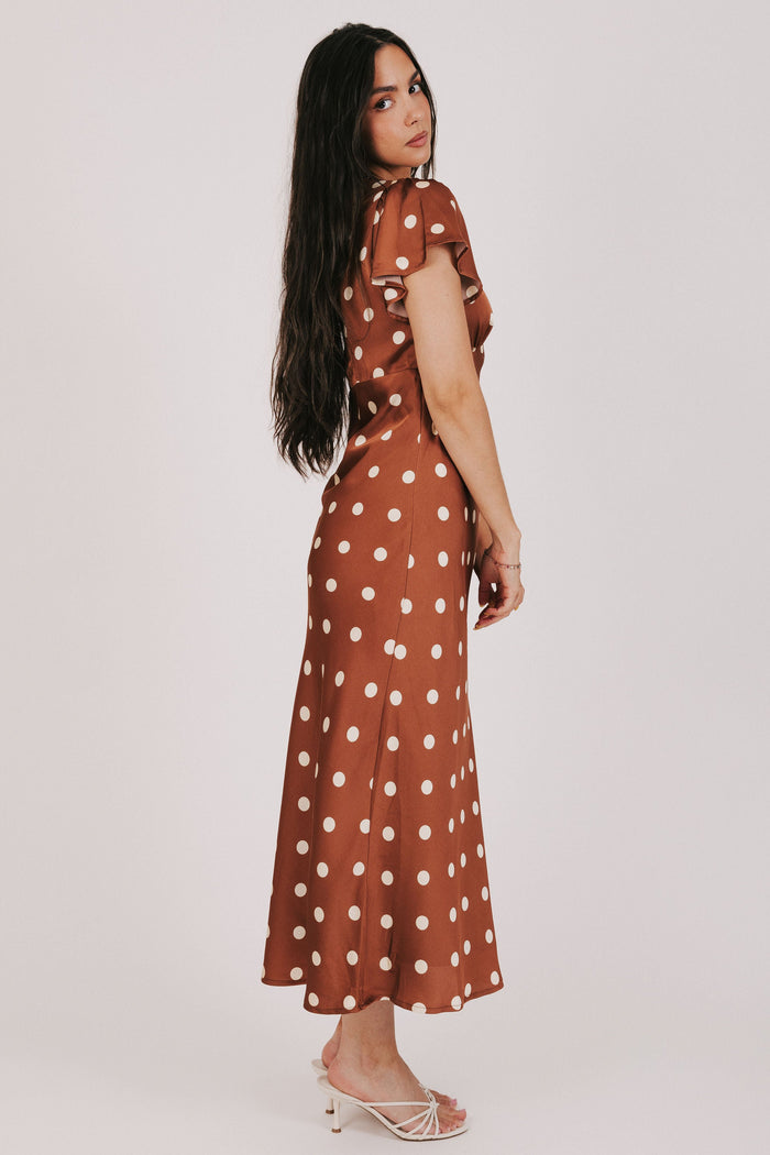 brown polka dot satin dress with flutter sleeves side