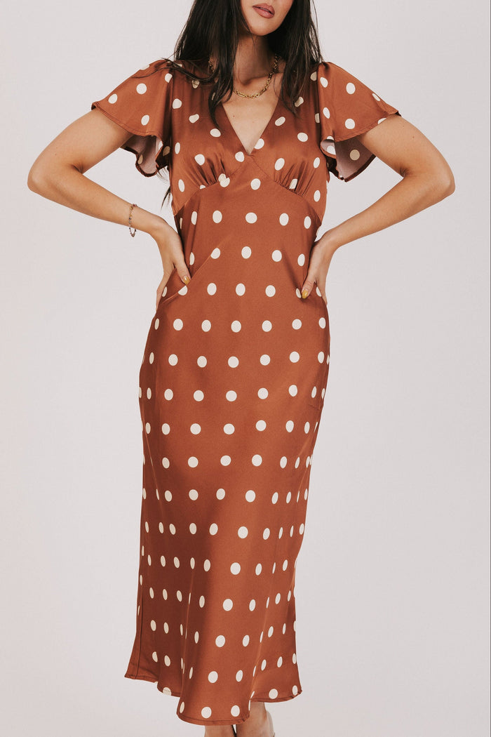 brown polka dot satin dress with flutter sleeves