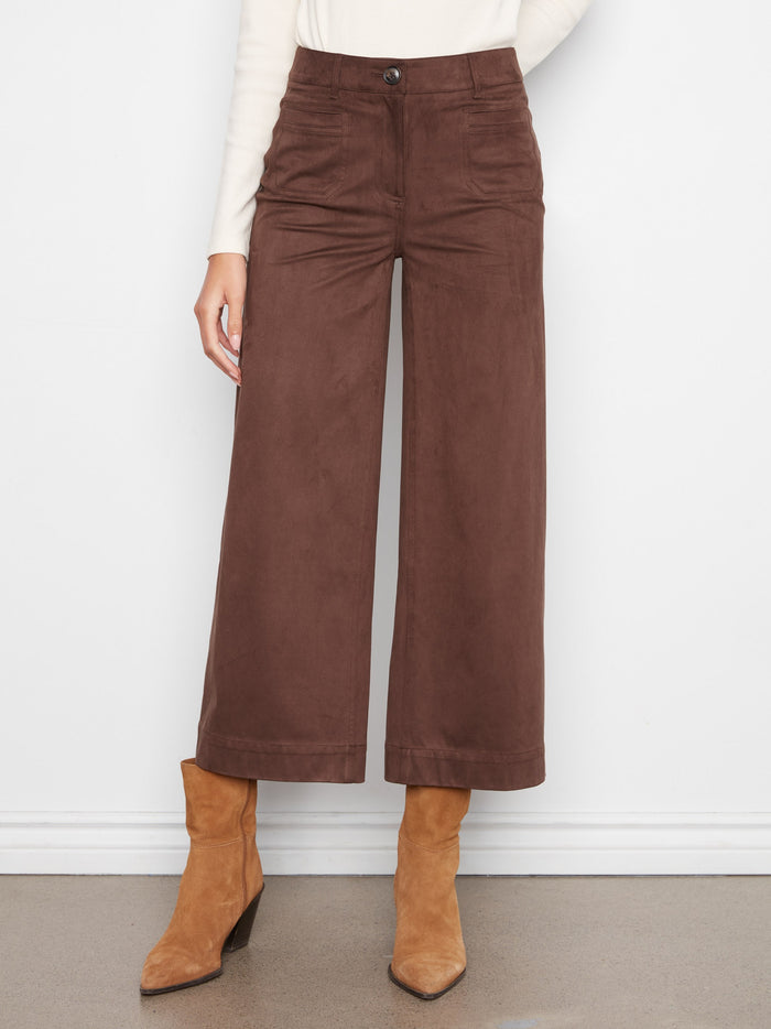 Cropped coffee-colored pants designed with wide legs and stretchy faux suede for a chic look by Charlie B.